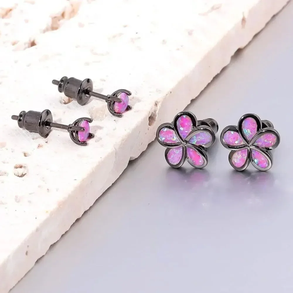 14K Black Gold with Genuine Purple Fire Opal Flower Post Stud Earrings Set of 2
